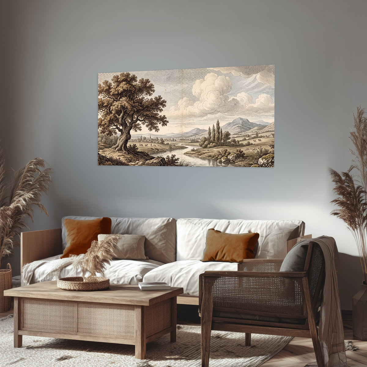 Vintage countryside engraving poster print in a rustic living room