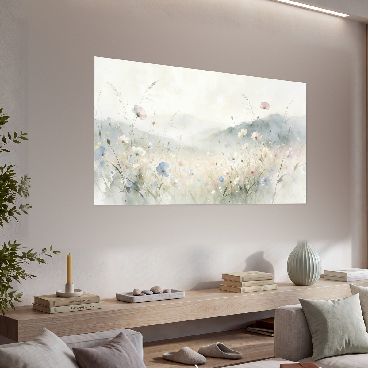 Watercolor wildflower meadow painting poster print in a living room above a console