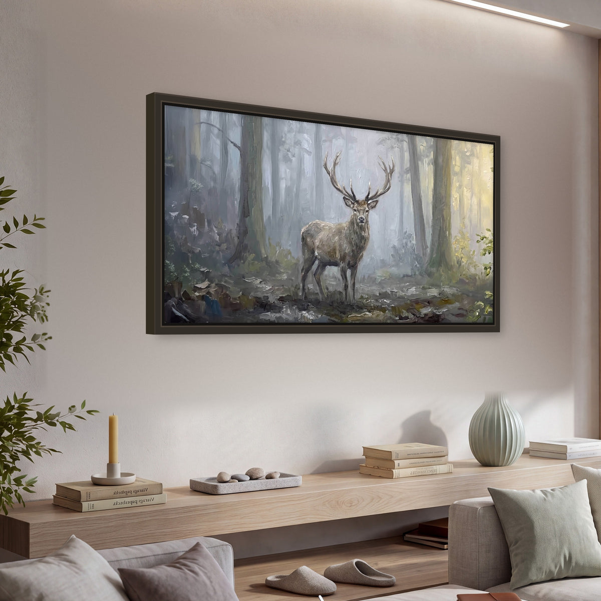 Stag in misty forest painting framed canvas wall art in a living room above a console
