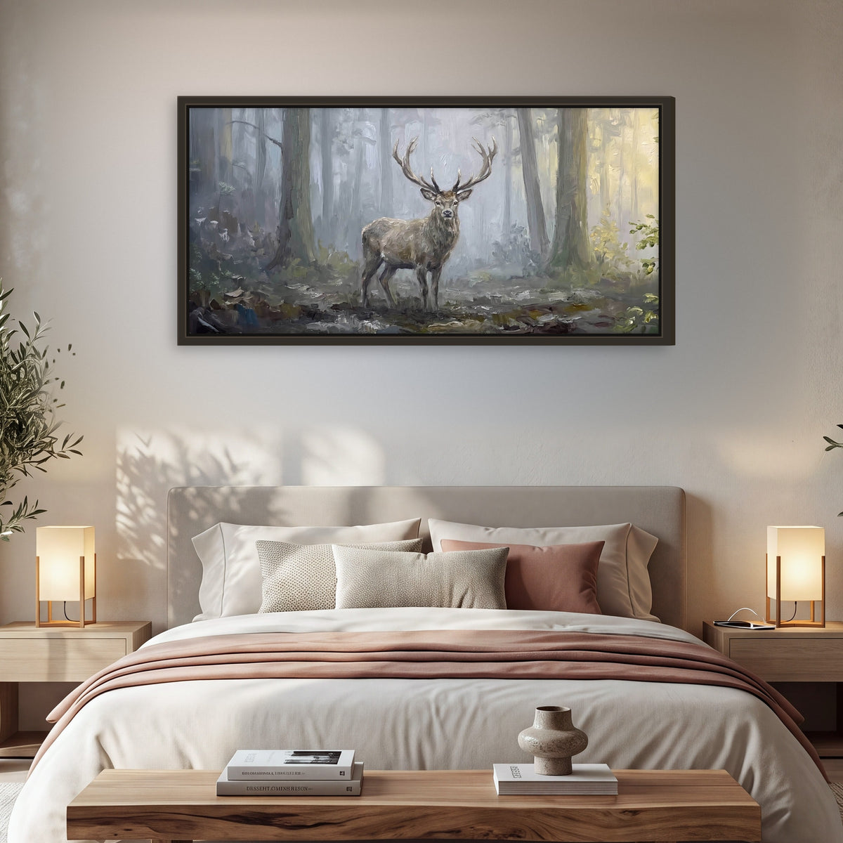 Stag in misty forest painting framed canvas wall art in a bedroom above the bed
