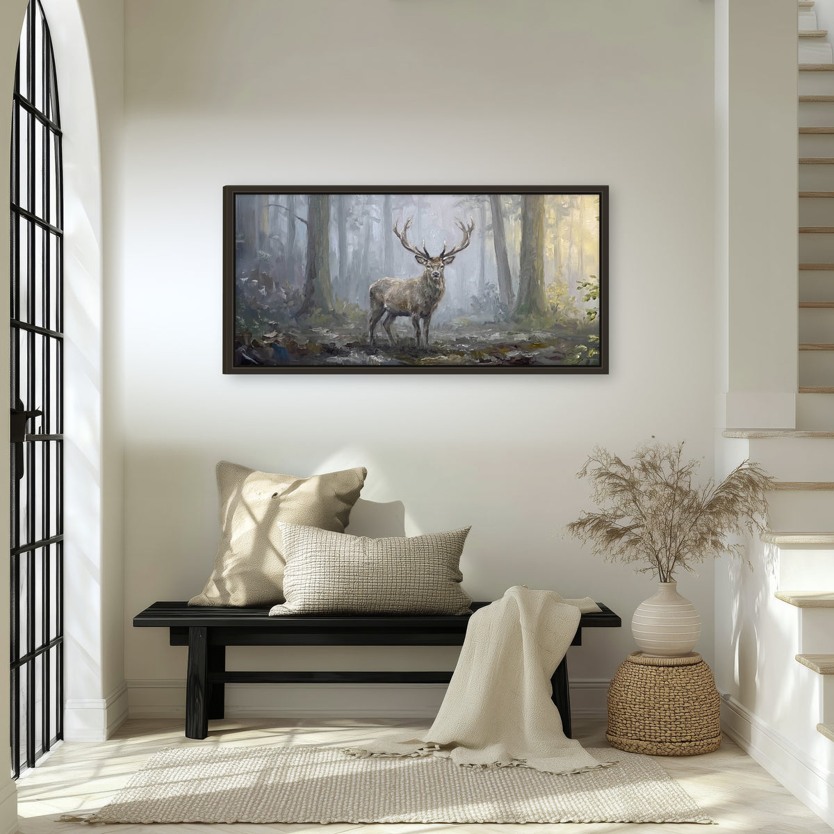 Stag in misty forest painting framed canvas wall art in an entryway above a bench