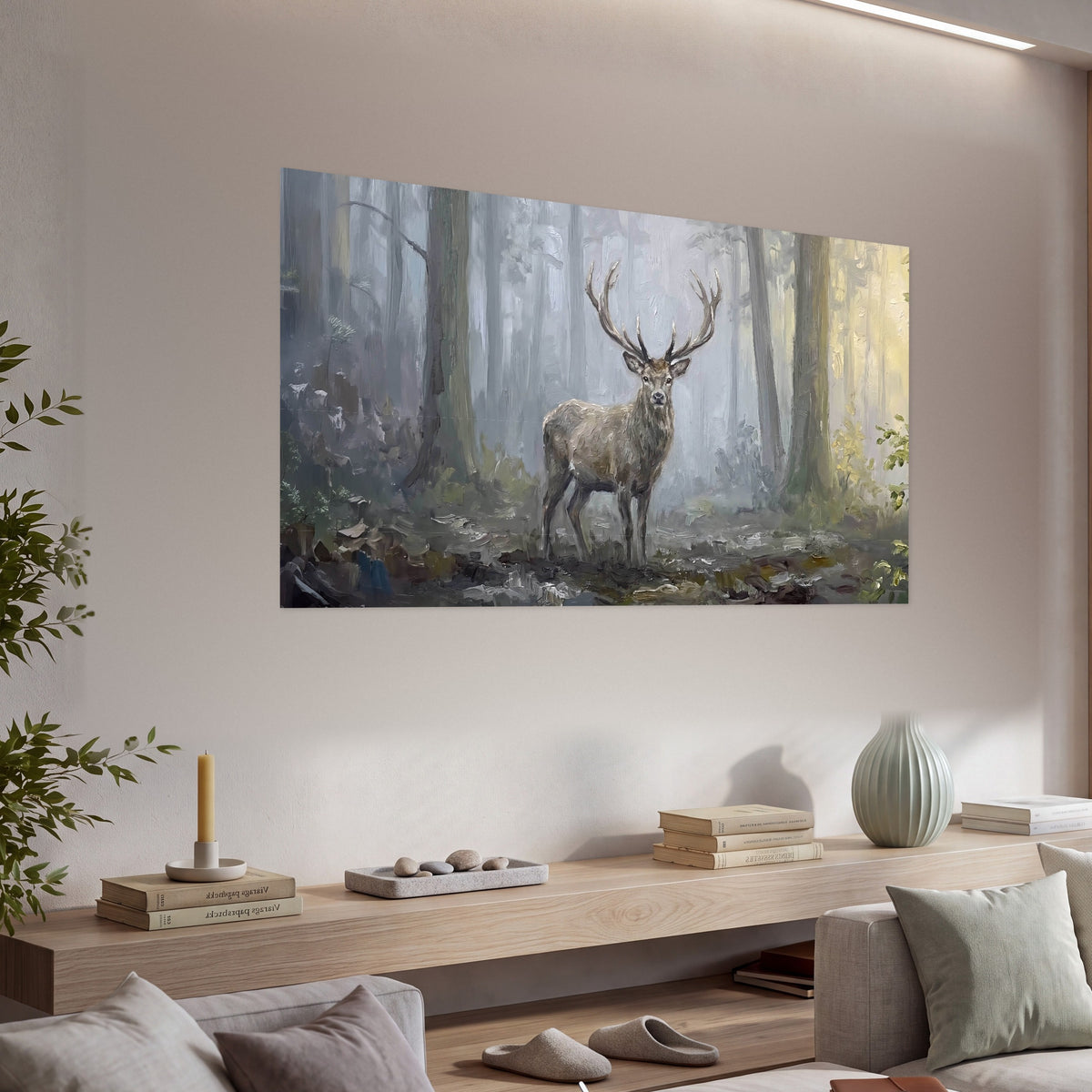 Stag in misty forest painting poster print in a living room above a console