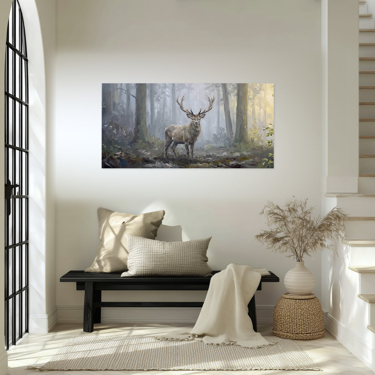 Stag in misty forest painting poster print in an entryway above a bench