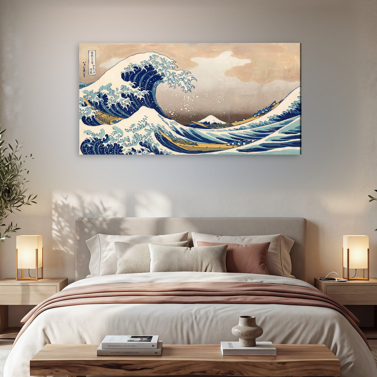 The Great Wave Japanese style painting canvas wall art in a bedroom above the bed