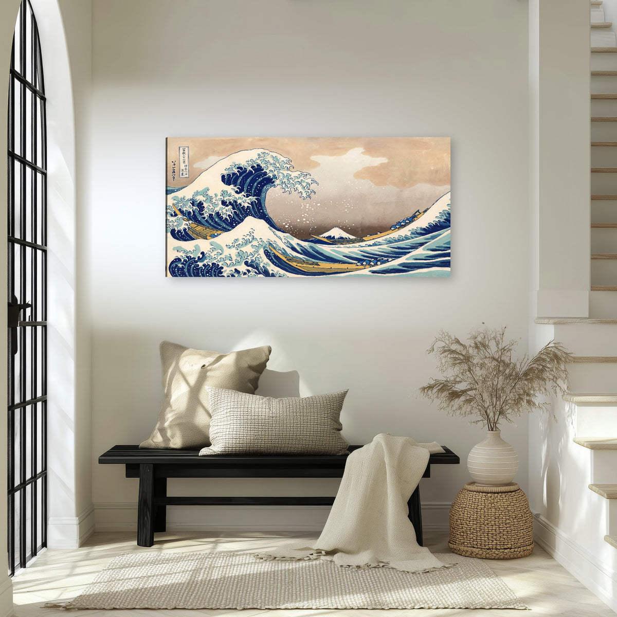 The Great Wave Japanese style painting canvas wall art in an entryway above a bench
