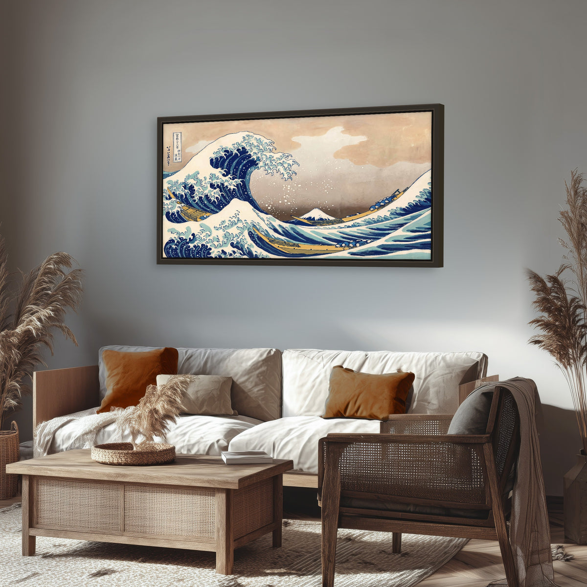 The Great Wave Japanese style painting framed canvas wall art in a rustic living room