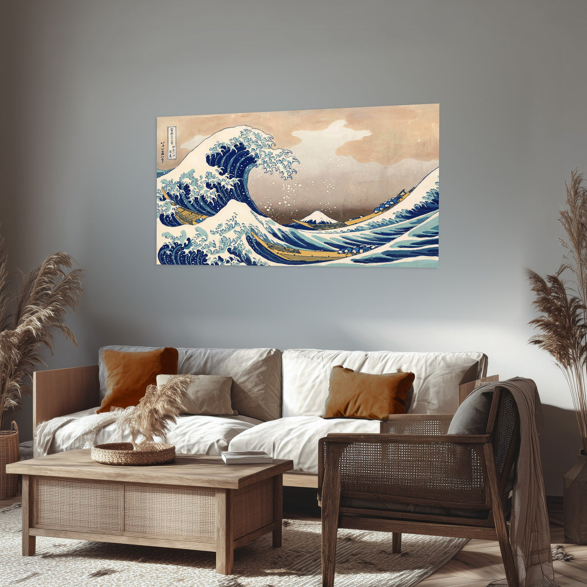 The Great Wave Japanese style painting poster print in a rustic living room