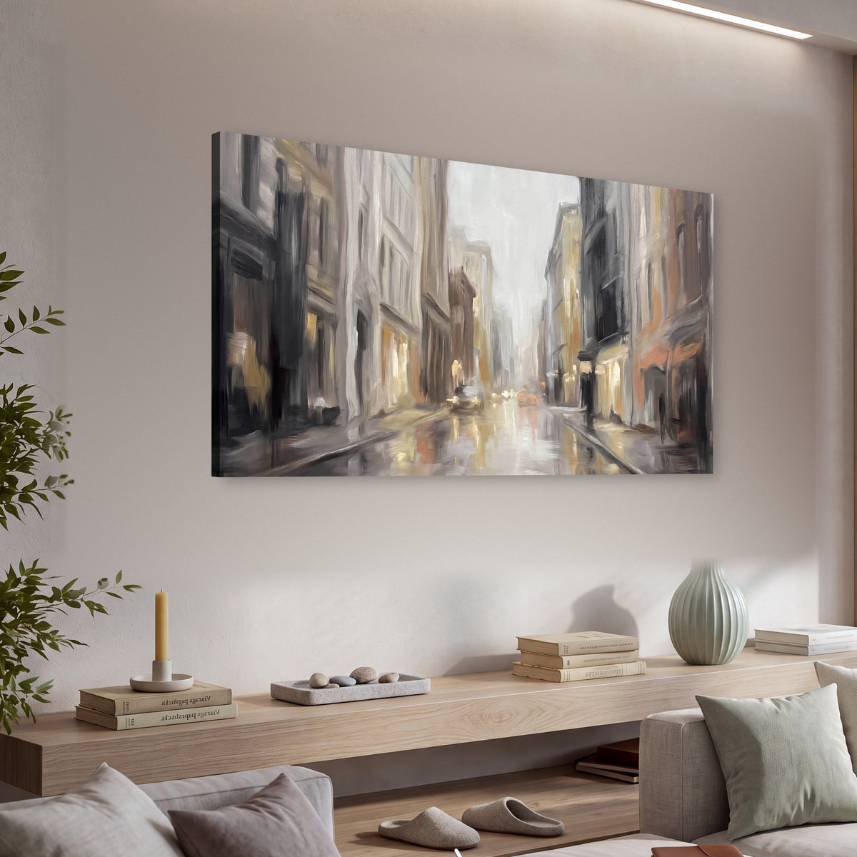 Rainy city street painting canvas wall art in a living room above a console