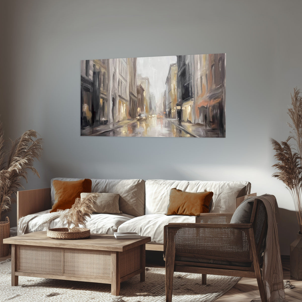 Rainy city street painting poster print in a rustic living room