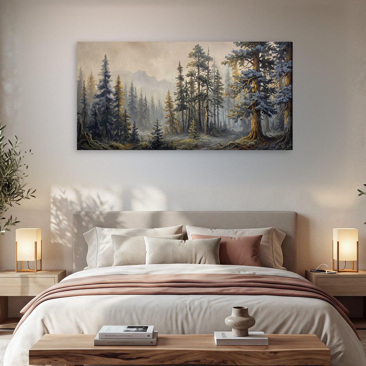 Pine forest mountain painting canvas wall art in a bedroom above the bed