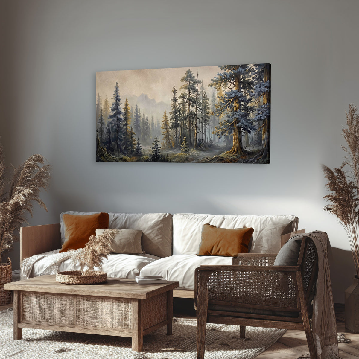 Pine forest mountain painting canvas wall art in a rustic living room