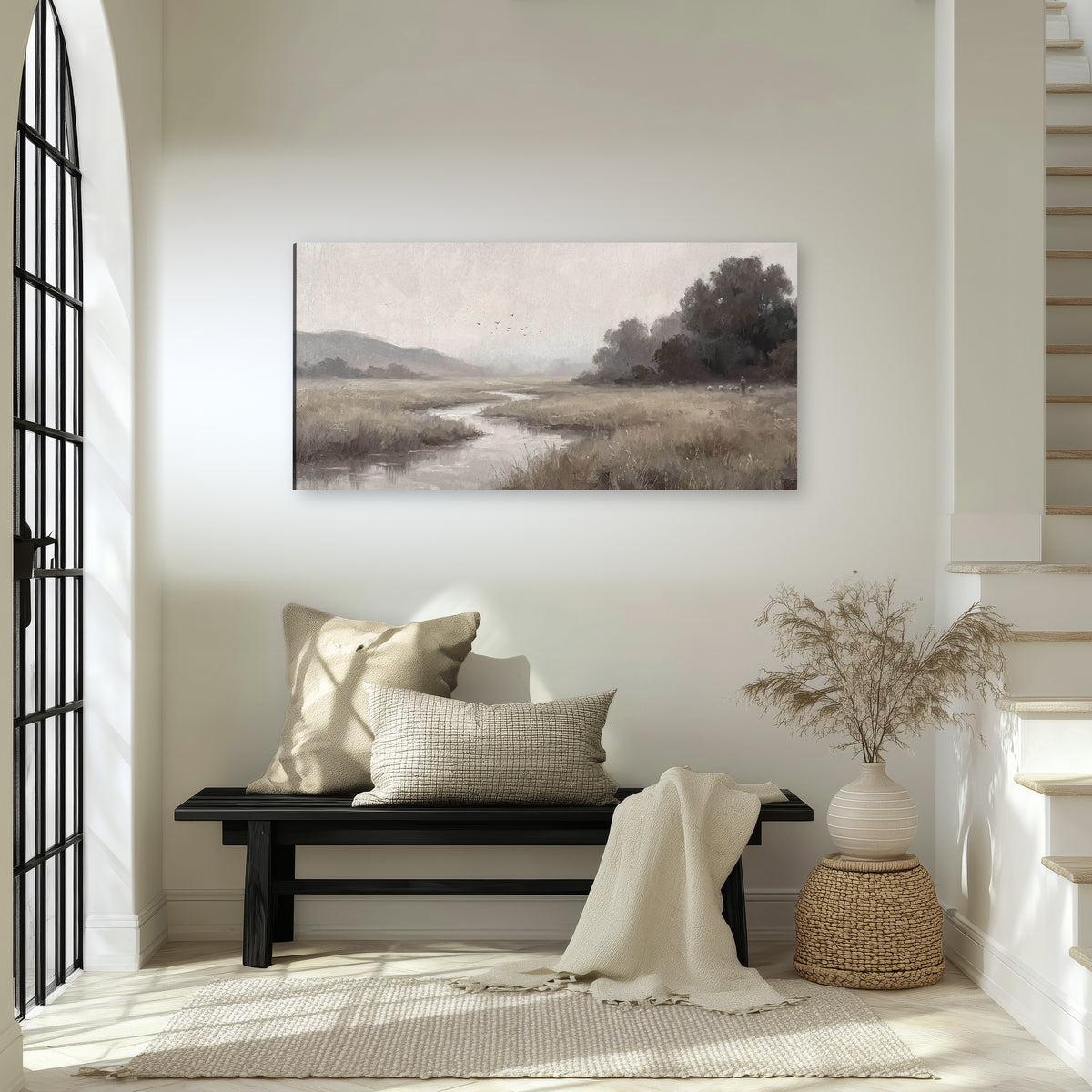 Misty meadow stream painting canvas wall art in an entryway above a bench