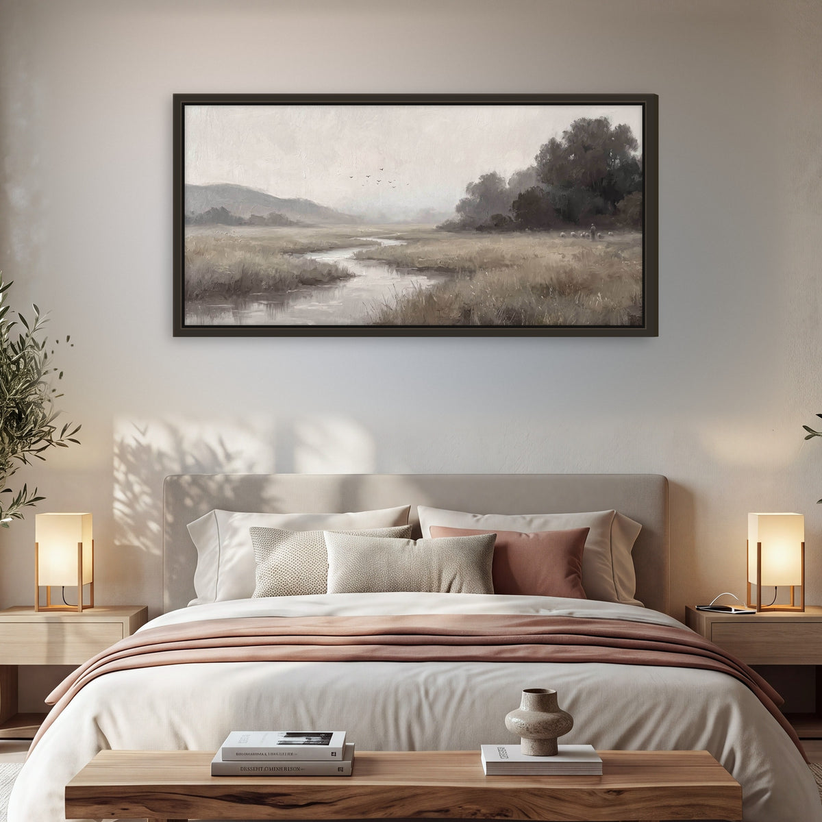Misty meadow stream painting framed canvas wall art in a bedroom above the bed