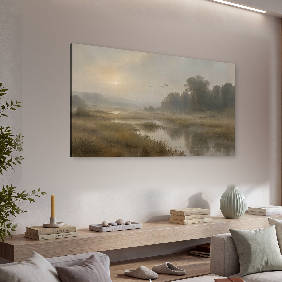Golden marsh sunrise painting canvas wall art in a living room above a console