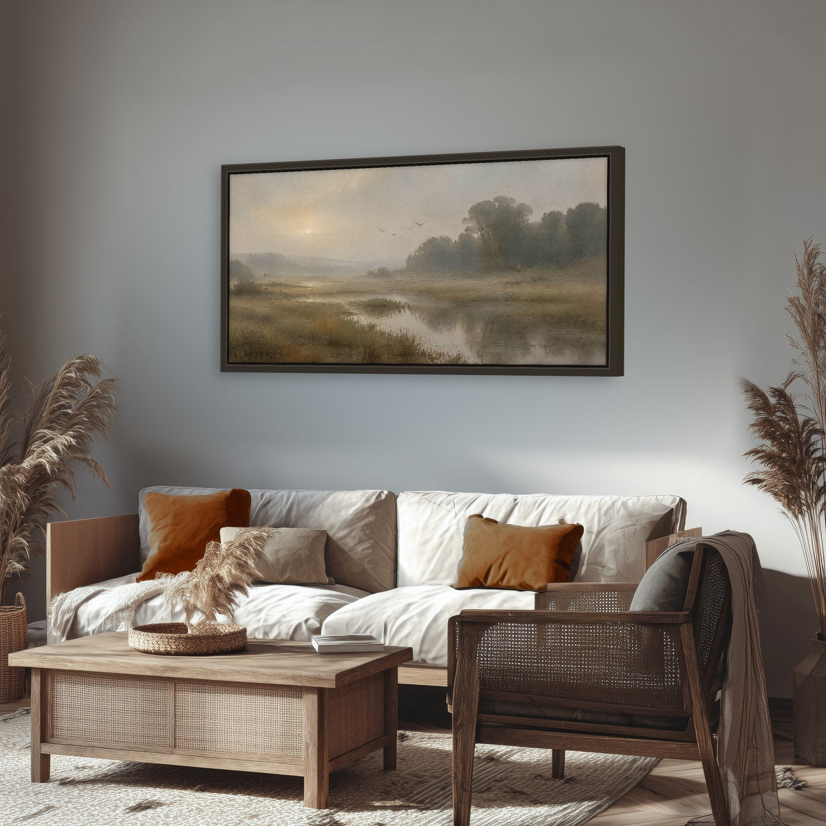 Golden marsh sunrise painting framed canvas wall art in a rustic living room