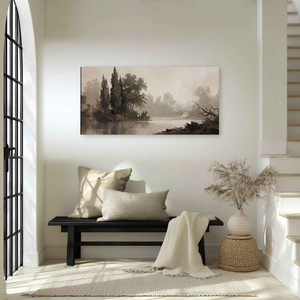 Misty river stone bridge painting canvas wall art in an entryway above a bench