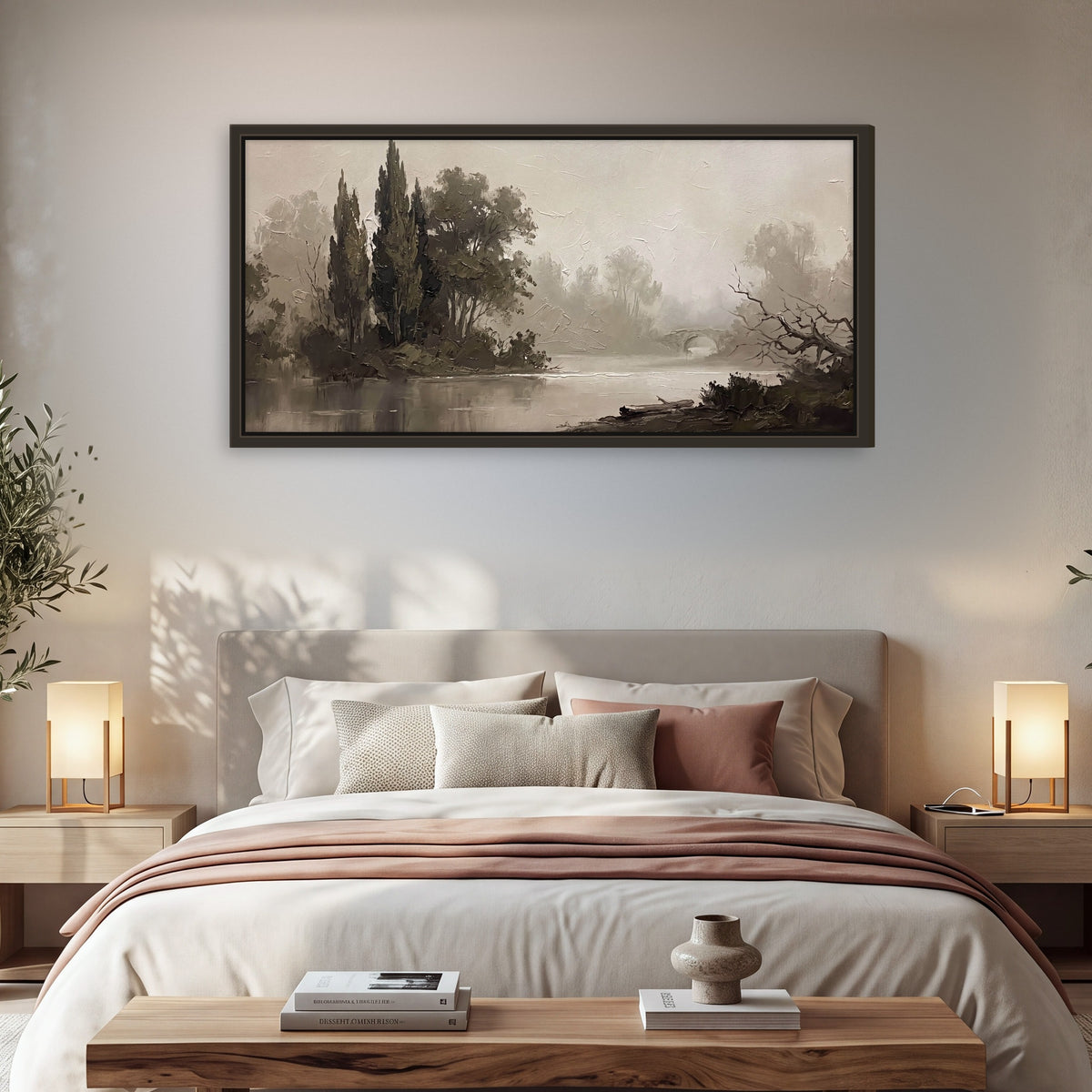 Misty river stone bridge painting framed canvas wall art in a bedroom above the bed