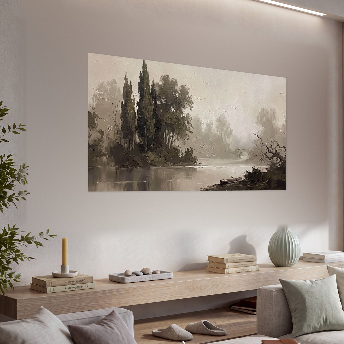 Misty river stone bridge painting poster print in a living room above a console