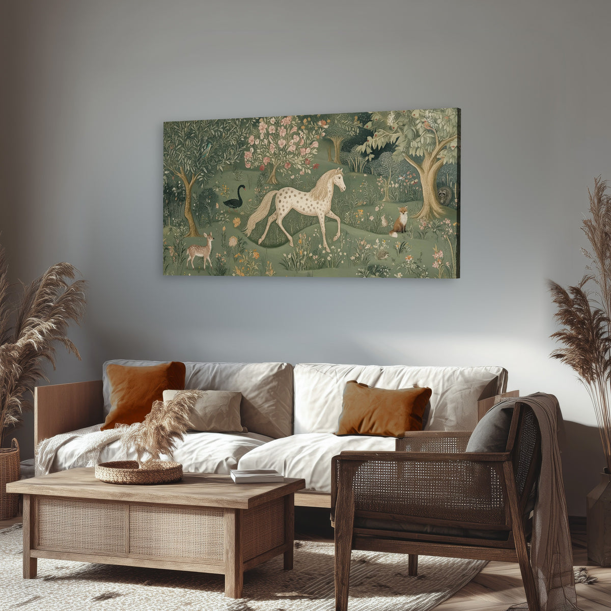 Enchanted woodland tapestry painting canvas wall art in a rustic living room