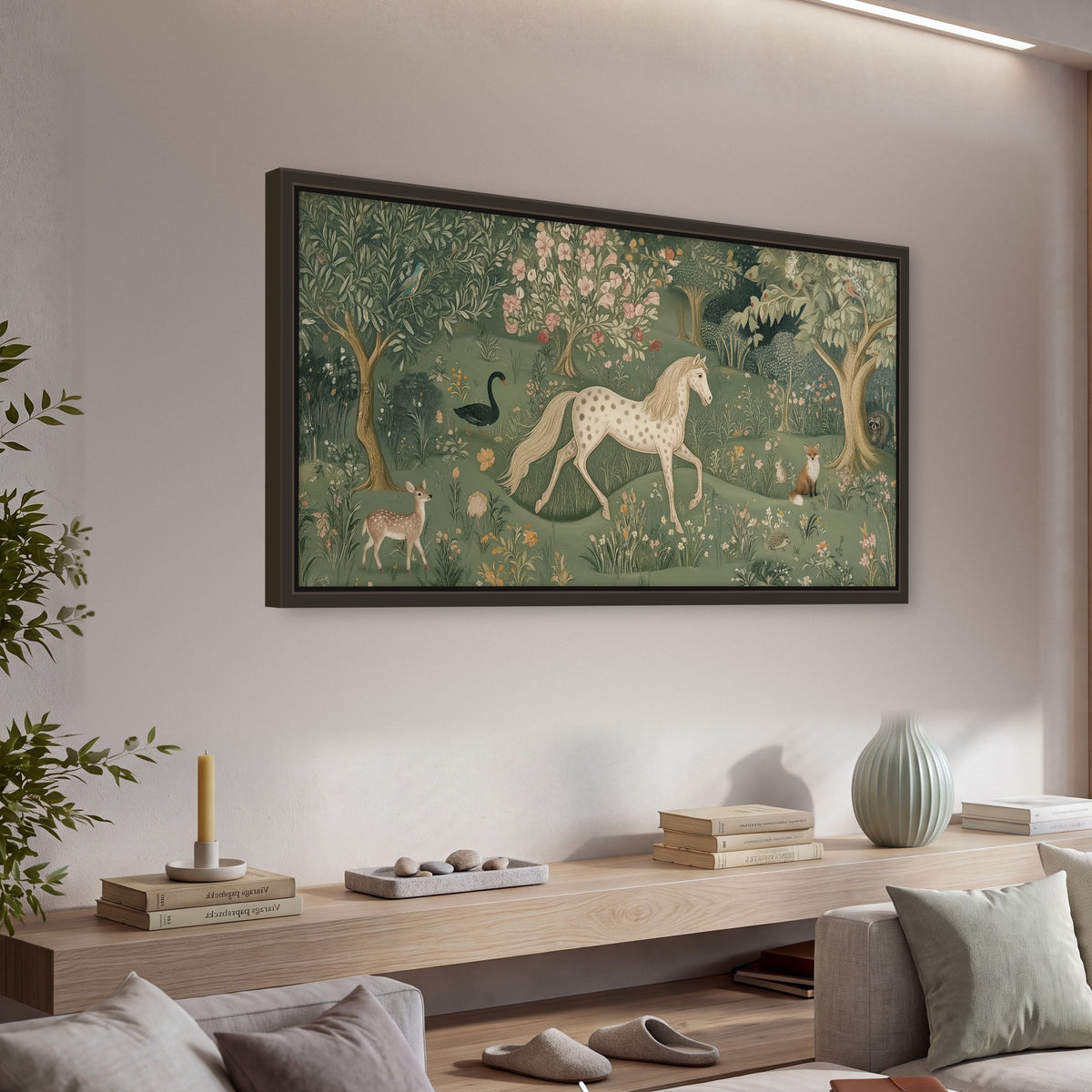 Enchanted woodland tapestry painting framed canvas wall art in a living room above a console
