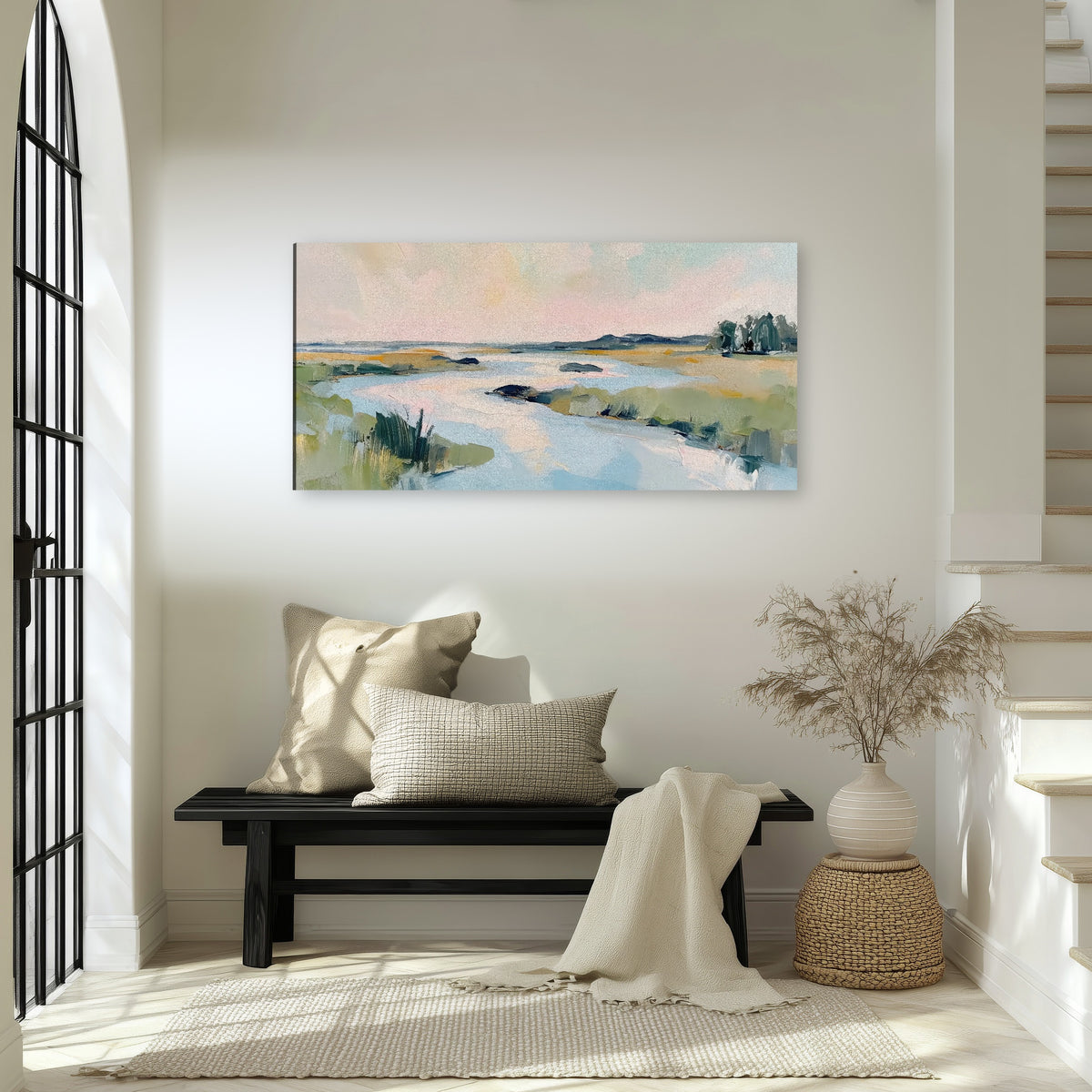 Pastel marsh river painting canvas wall art in an entryway above a bench