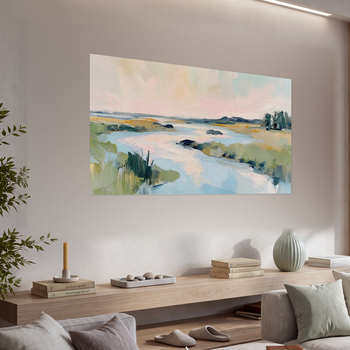 Pastel marsh river painting poster print in a living room above a console