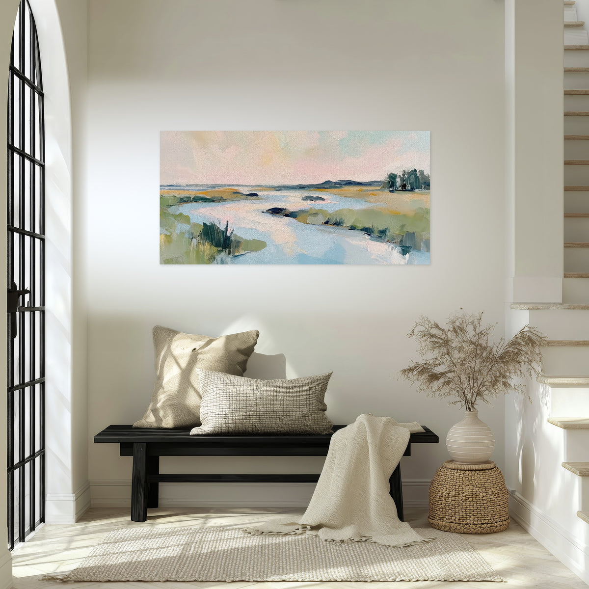 Pastel marsh river painting poster print in an entryway above a bench