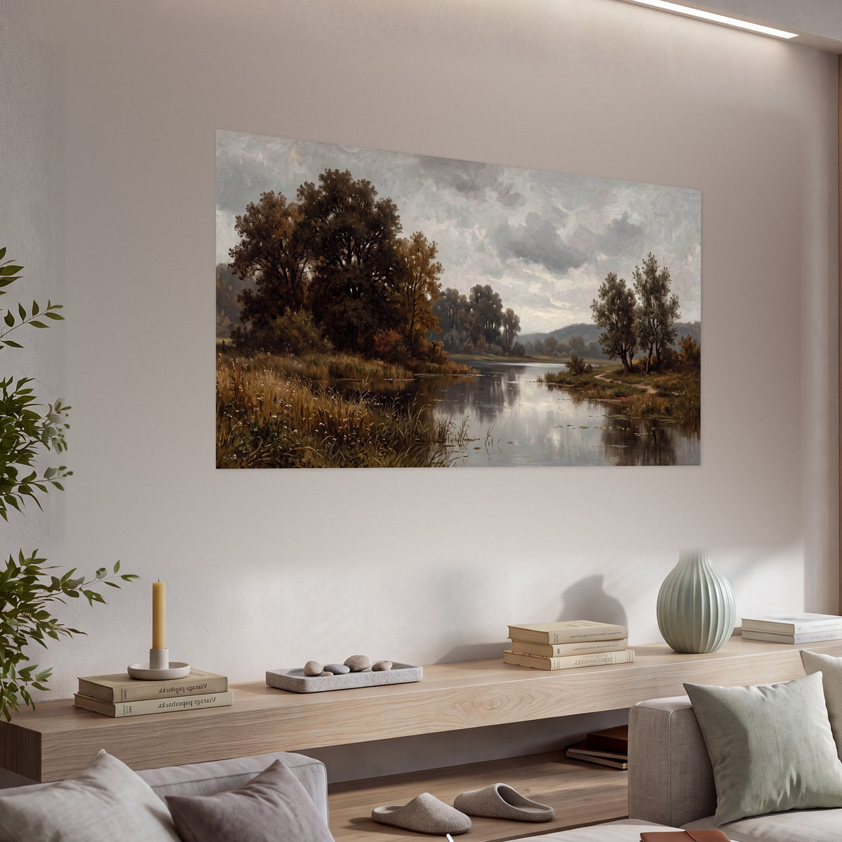 Autumn river landscape painting poster print in a living room above a console