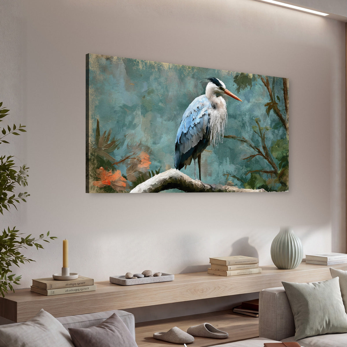 Blue heron oil painting canvas wall art in a living room above a console