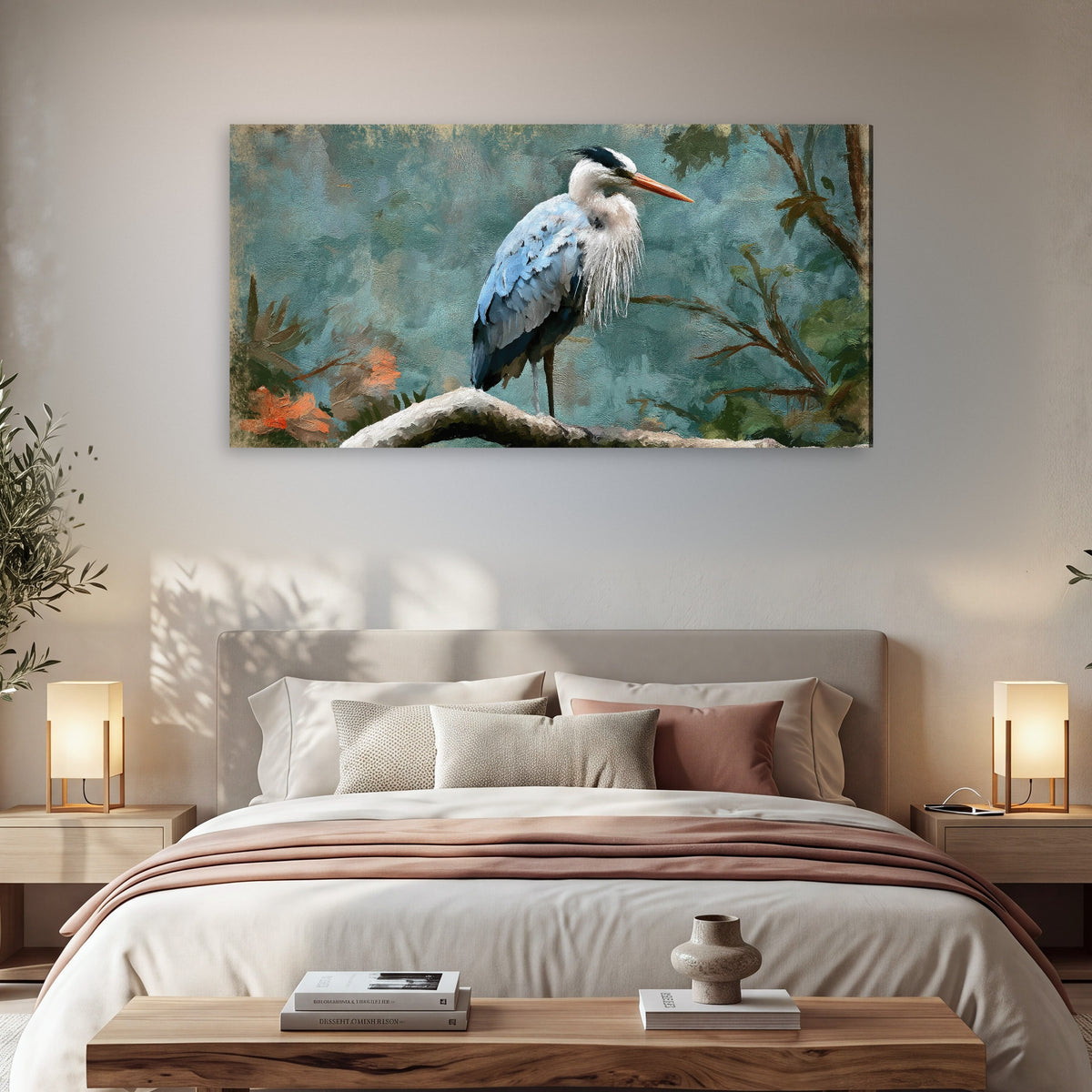Blue heron oil painting canvas wall art in a bedroom above the bed