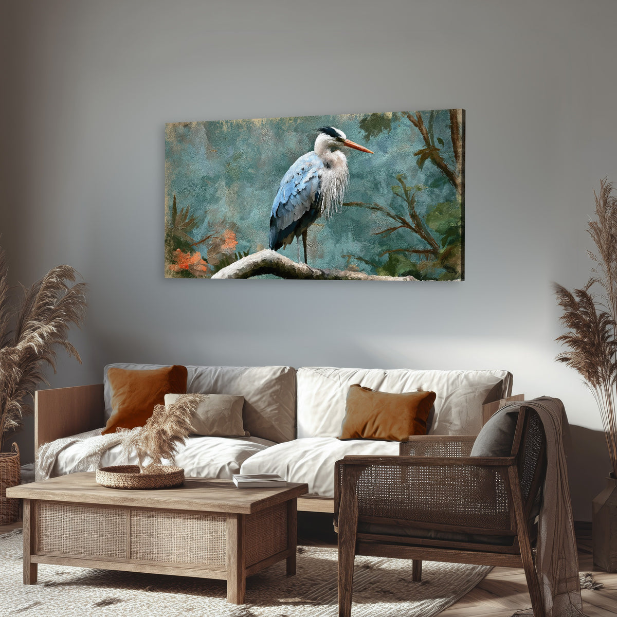 Blue heron oil painting canvas wall art in a rustic living room
