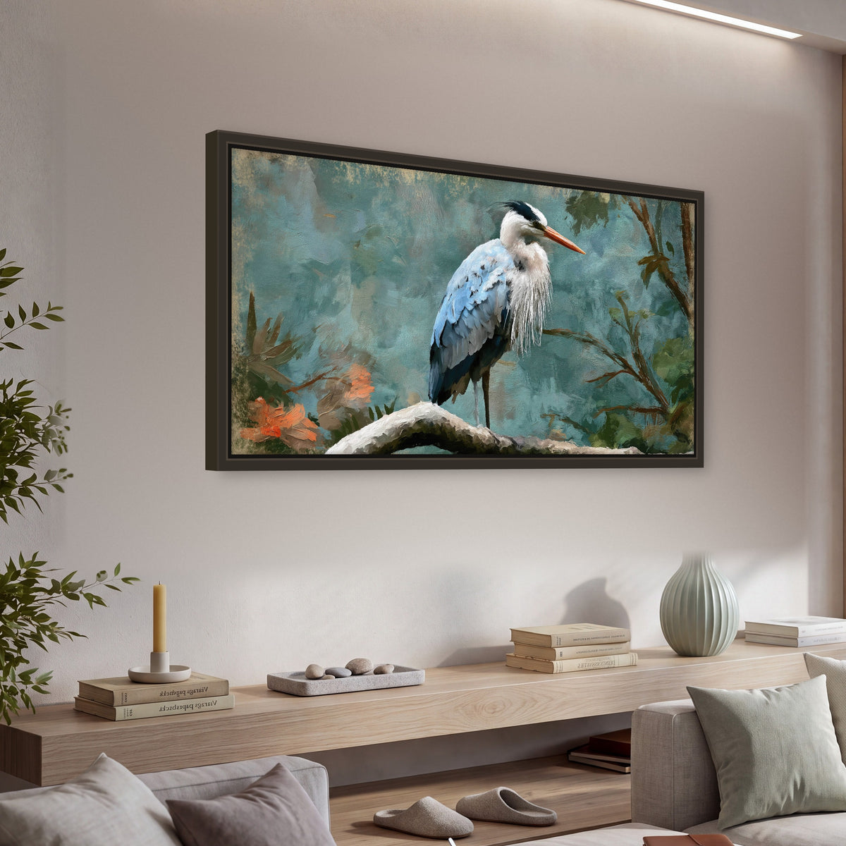 Blue heron oil painting framed canvas wall art in a living room above a console