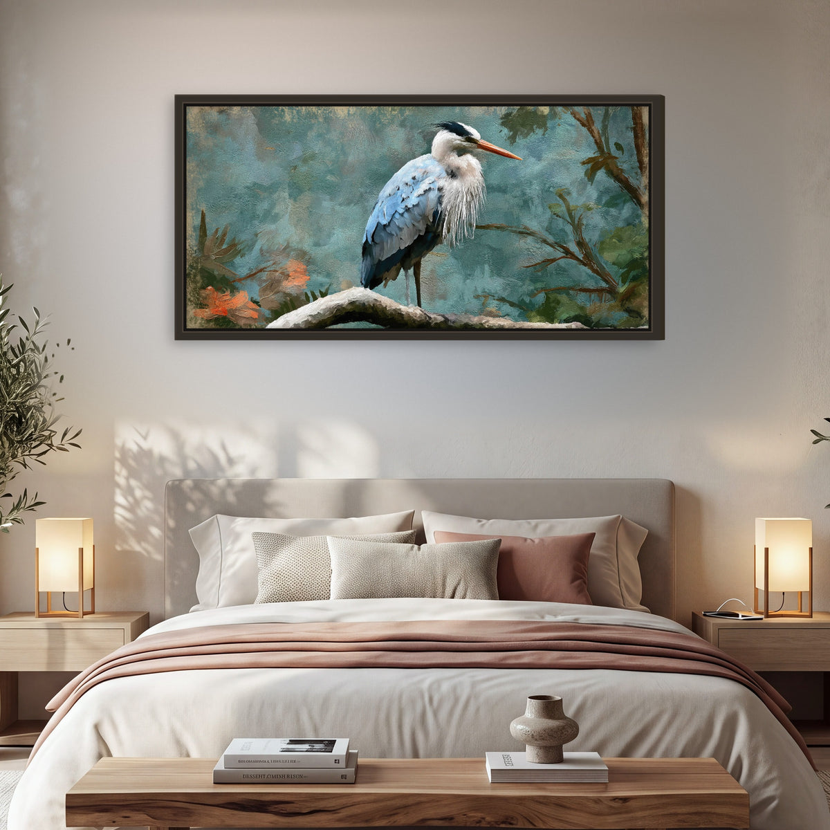 Blue heron oil painting framed canvas wall art in a bedroom above the bed