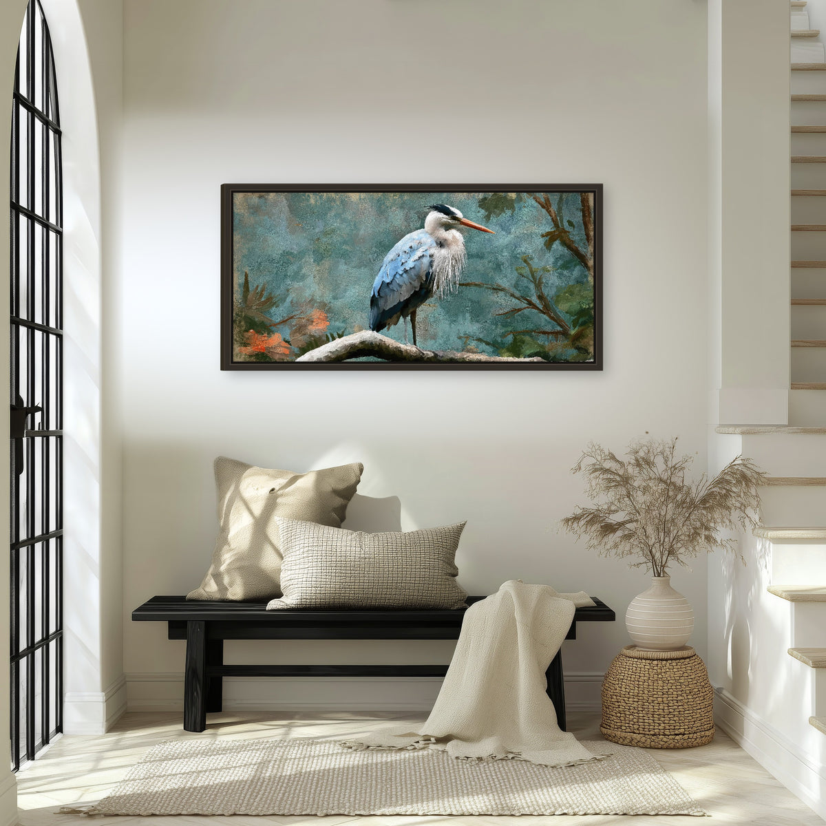 Blue heron oil painting framed canvas wall art in an entryway above a bench