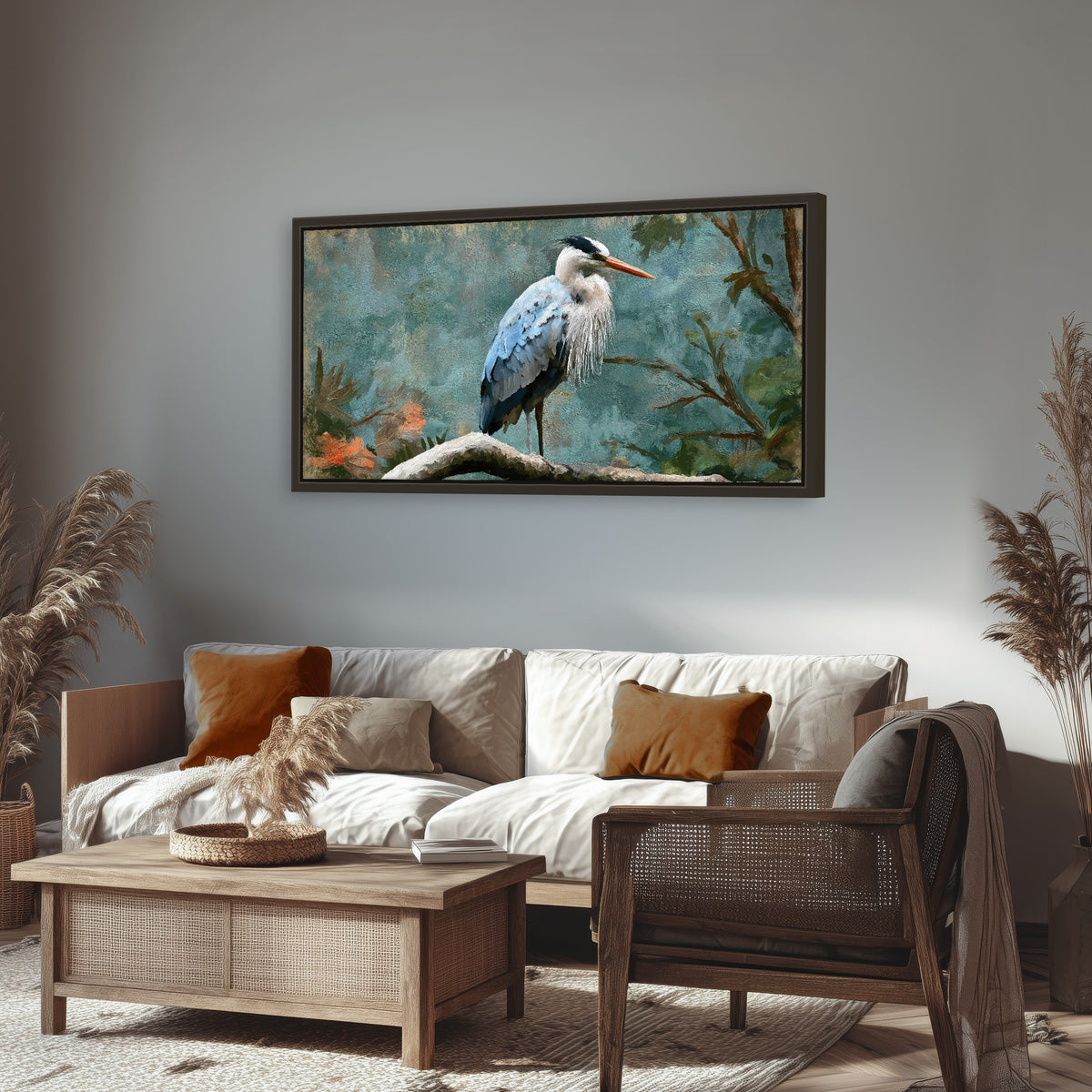 Blue heron oil painting framed canvas wall art in a rustic living room
