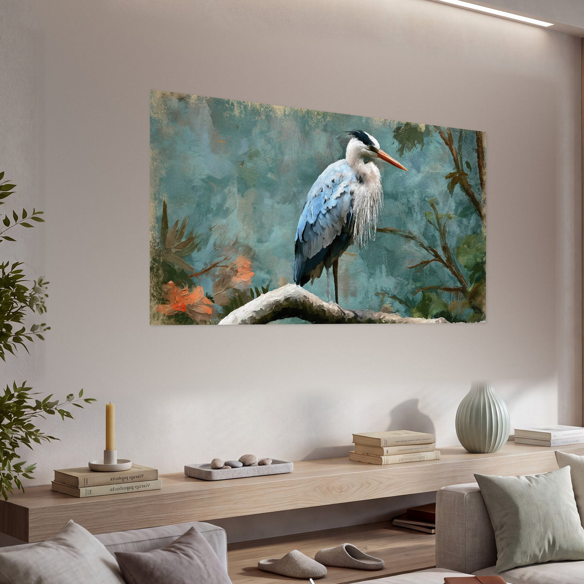 Blue heron oil painting poster print in a living room above a console