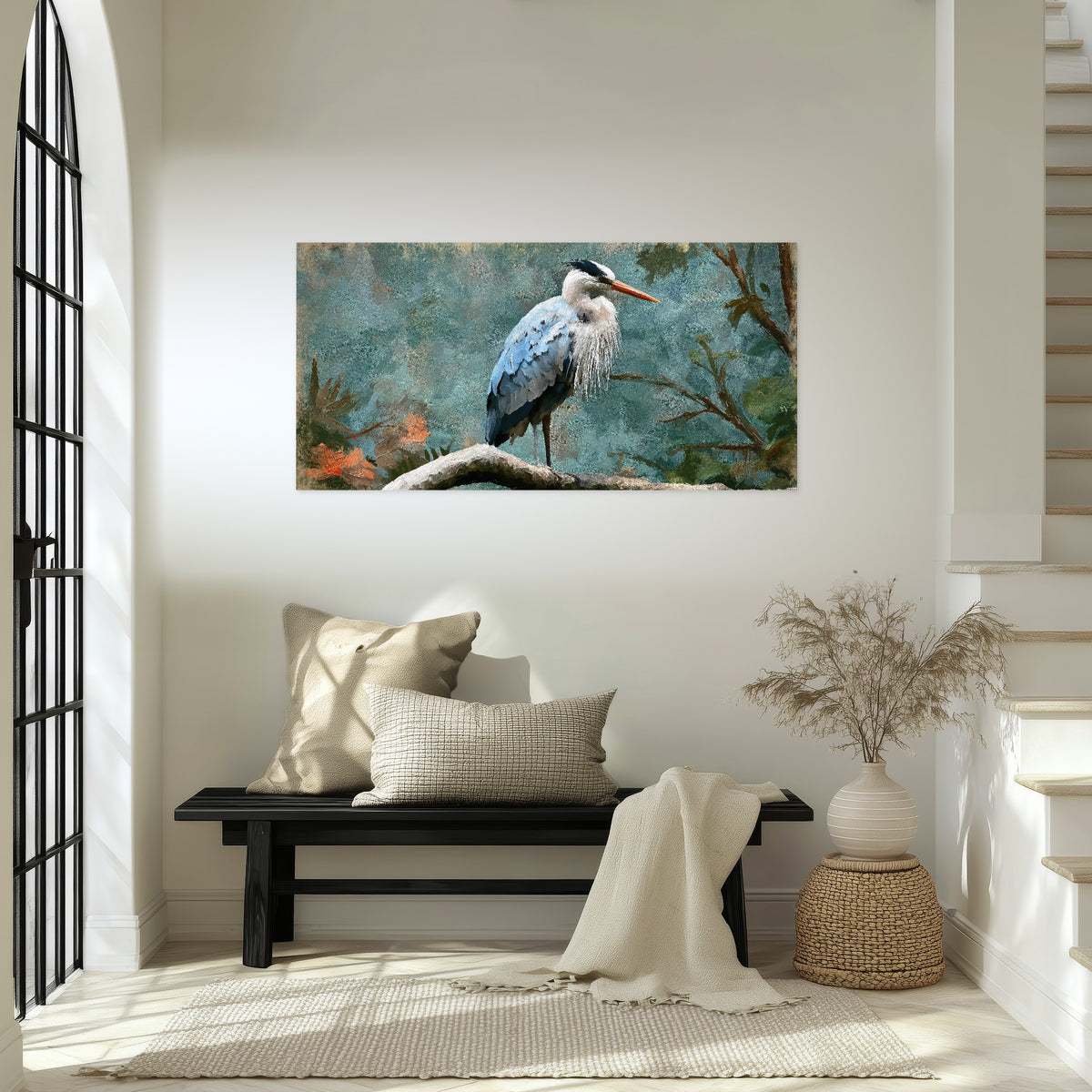 Blue heron oil painting poster print in an entryway above a bench