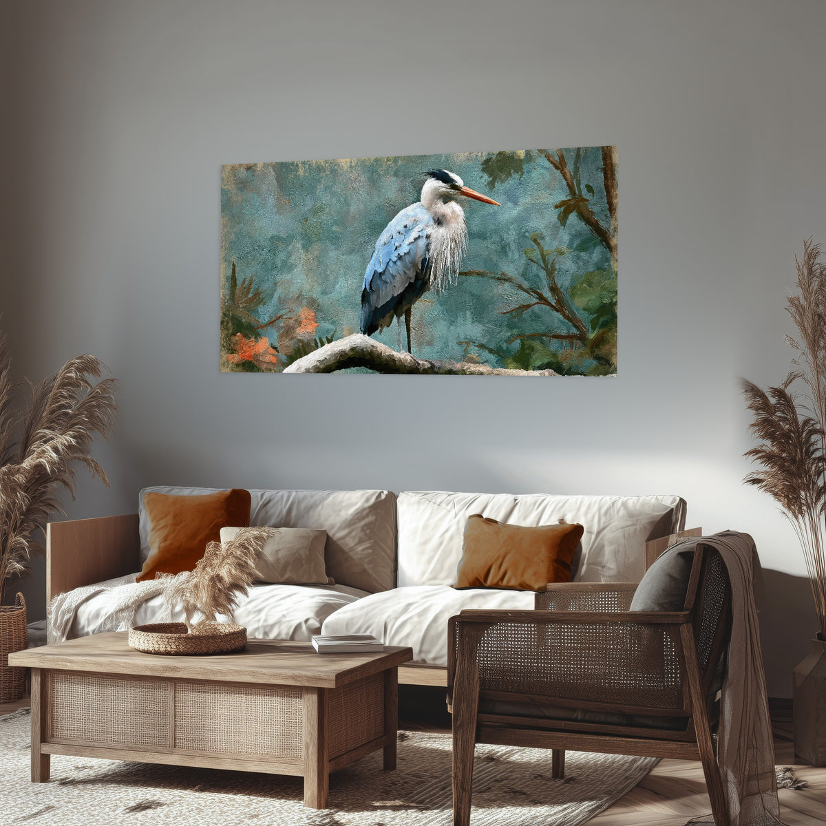 Blue heron oil painting poster print in a rustic living room