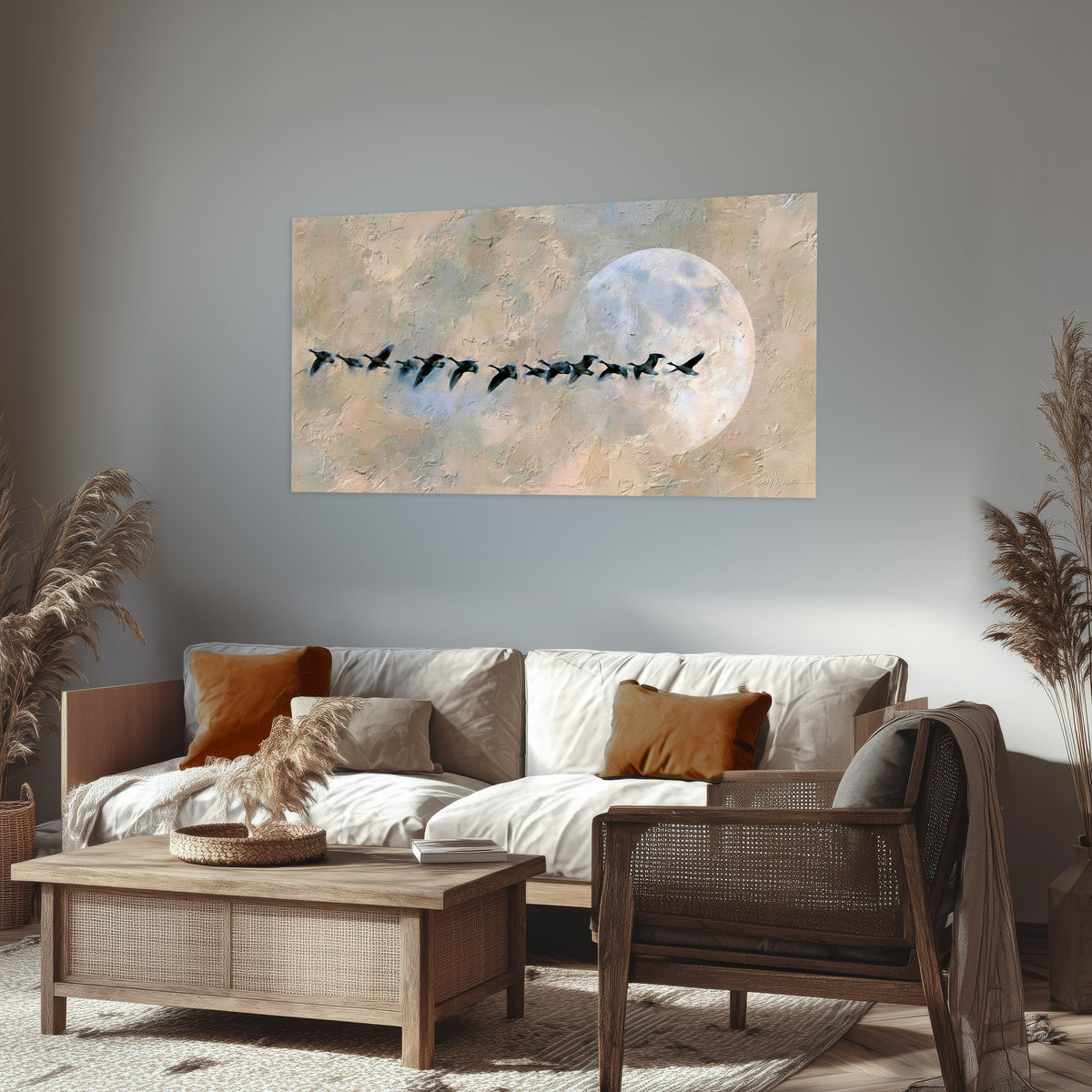 Geese flying across the moon painting poster print in a rustic living room
