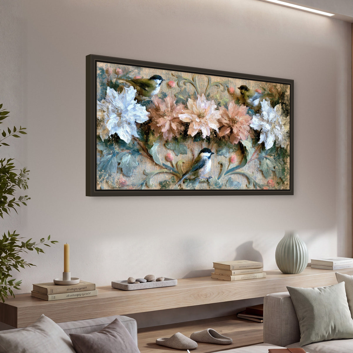 Chickadee birds and flowers painting framed canvas wall art in a living room above a console