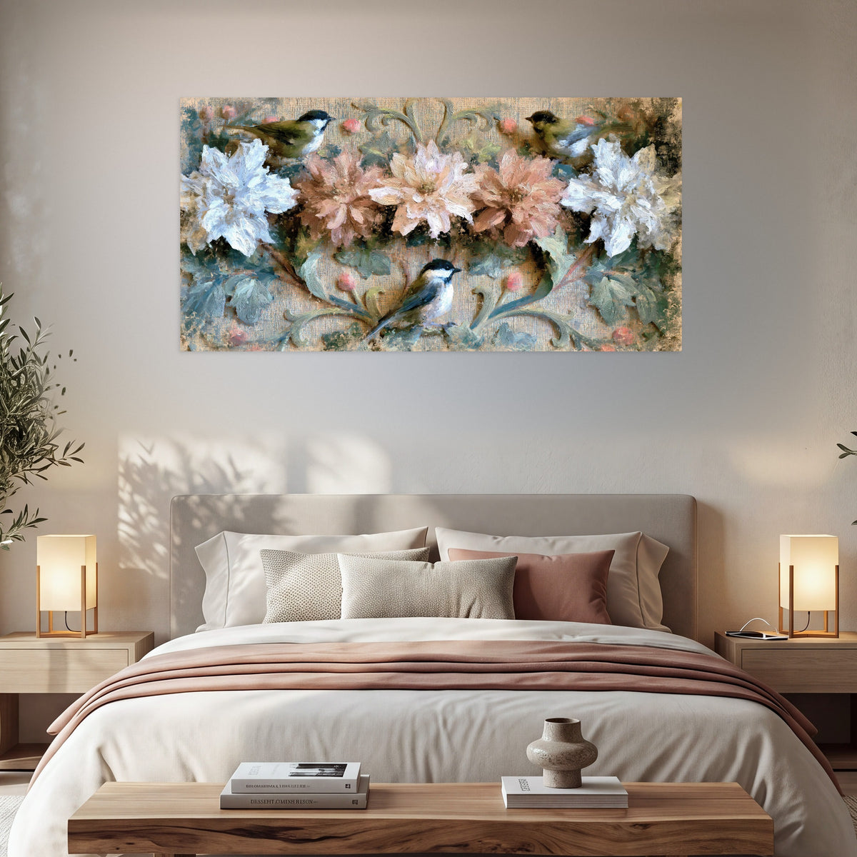 Chickadee birds and flowers painting poster print in a bedroom above the bed