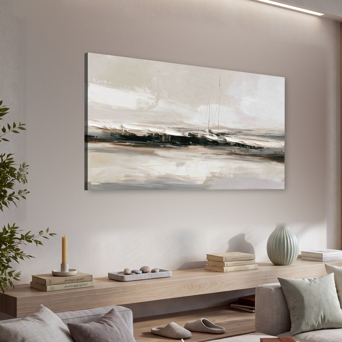 Abstract seascape with sailboats painting canvas wall art in a living room above a console