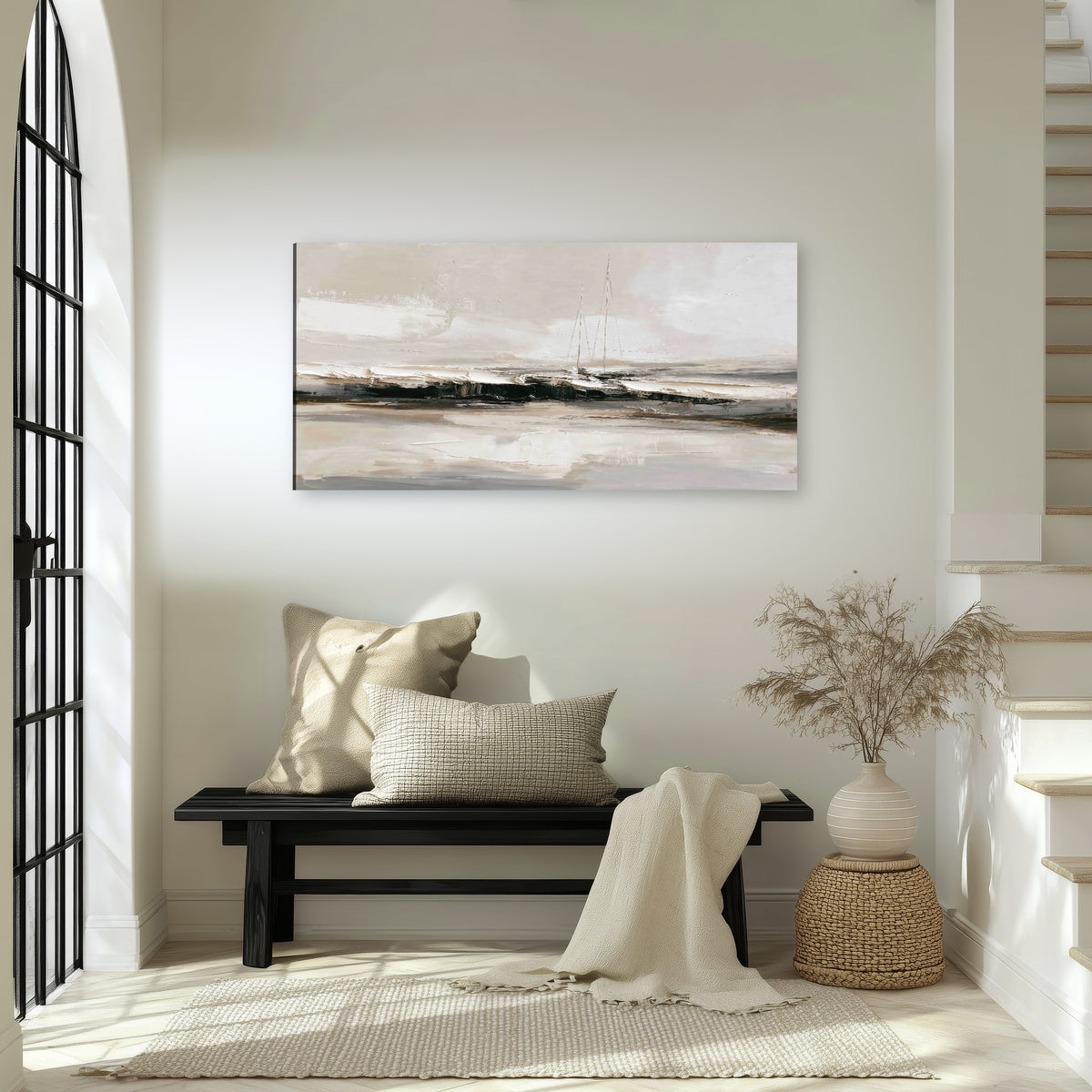 Abstract seascape with sailboats painting canvas wall art in an entryway above a bench