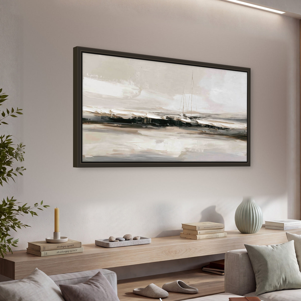 Abstract seascape with sailboats painting framed canvas wall art in a living room above a console