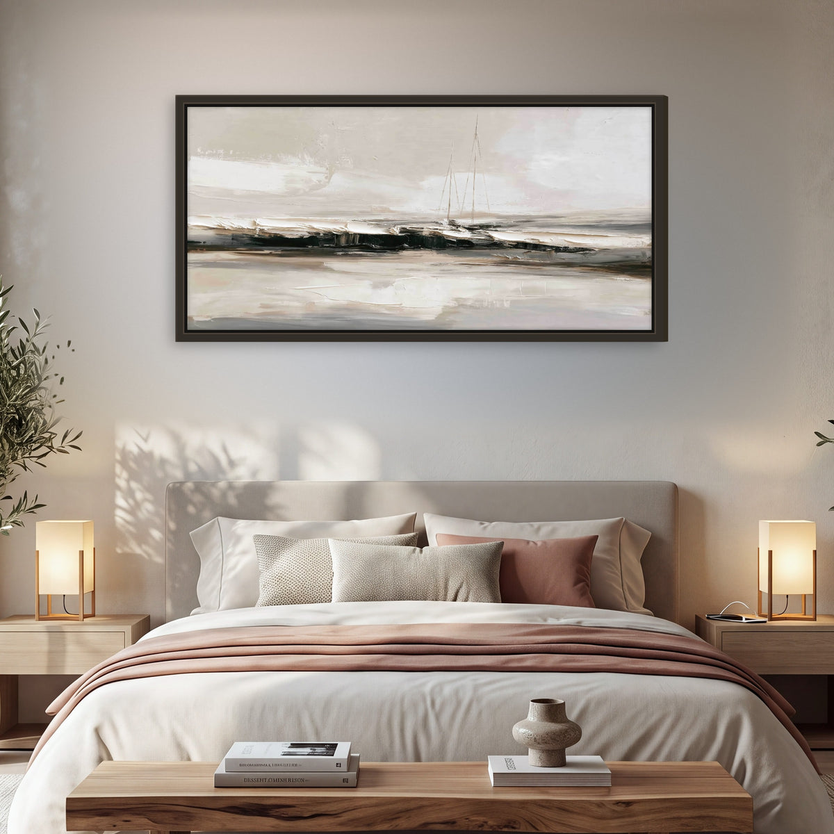 Abstract seascape with sailboats painting framed canvas wall art in a bedroom above the bed