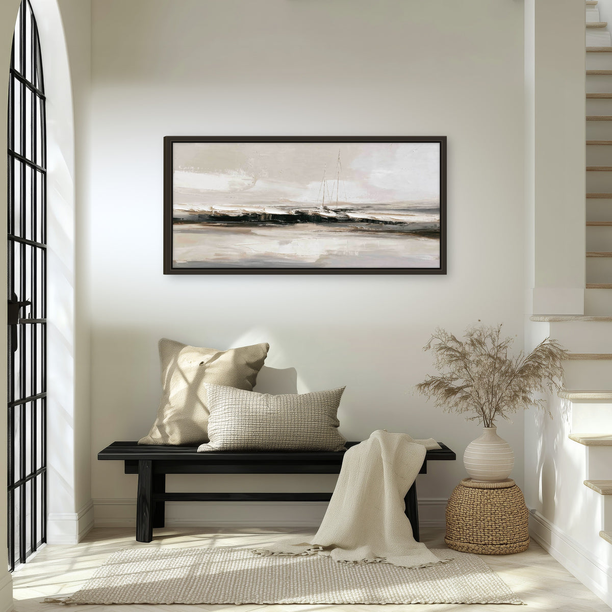 Abstract seascape with sailboats painting framed canvas wall art in an entryway above a bench