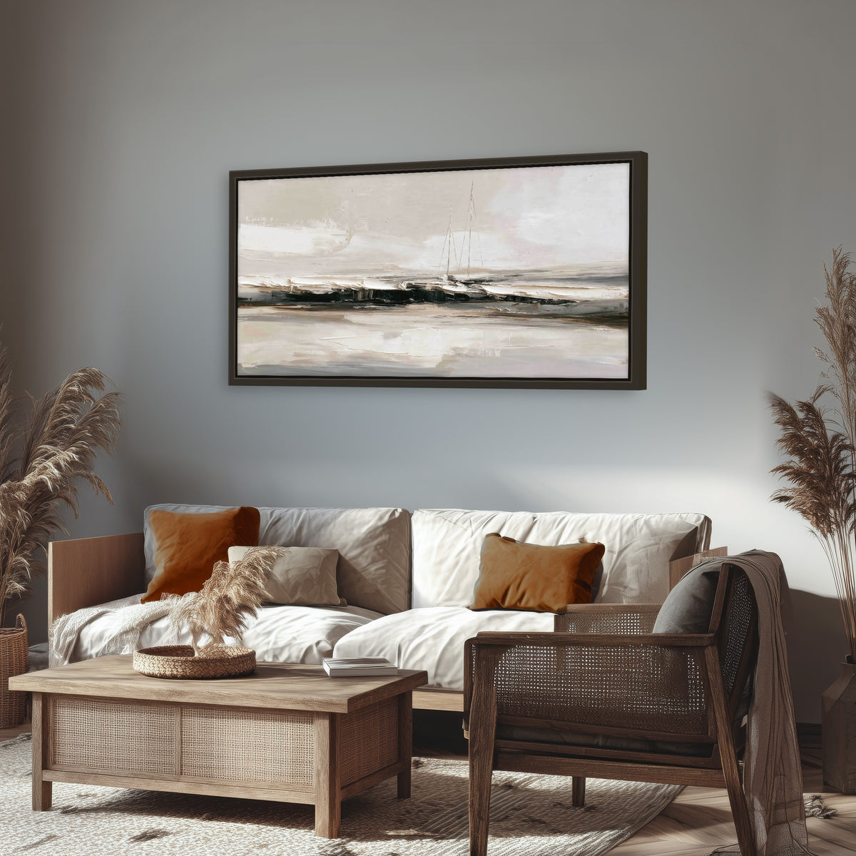 Abstract seascape with sailboats painting framed canvas wall art in a rustic living room
