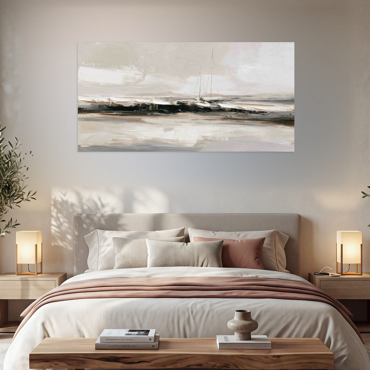 Abstract seascape with sailboats painting poster print in a bedroom above the bed
