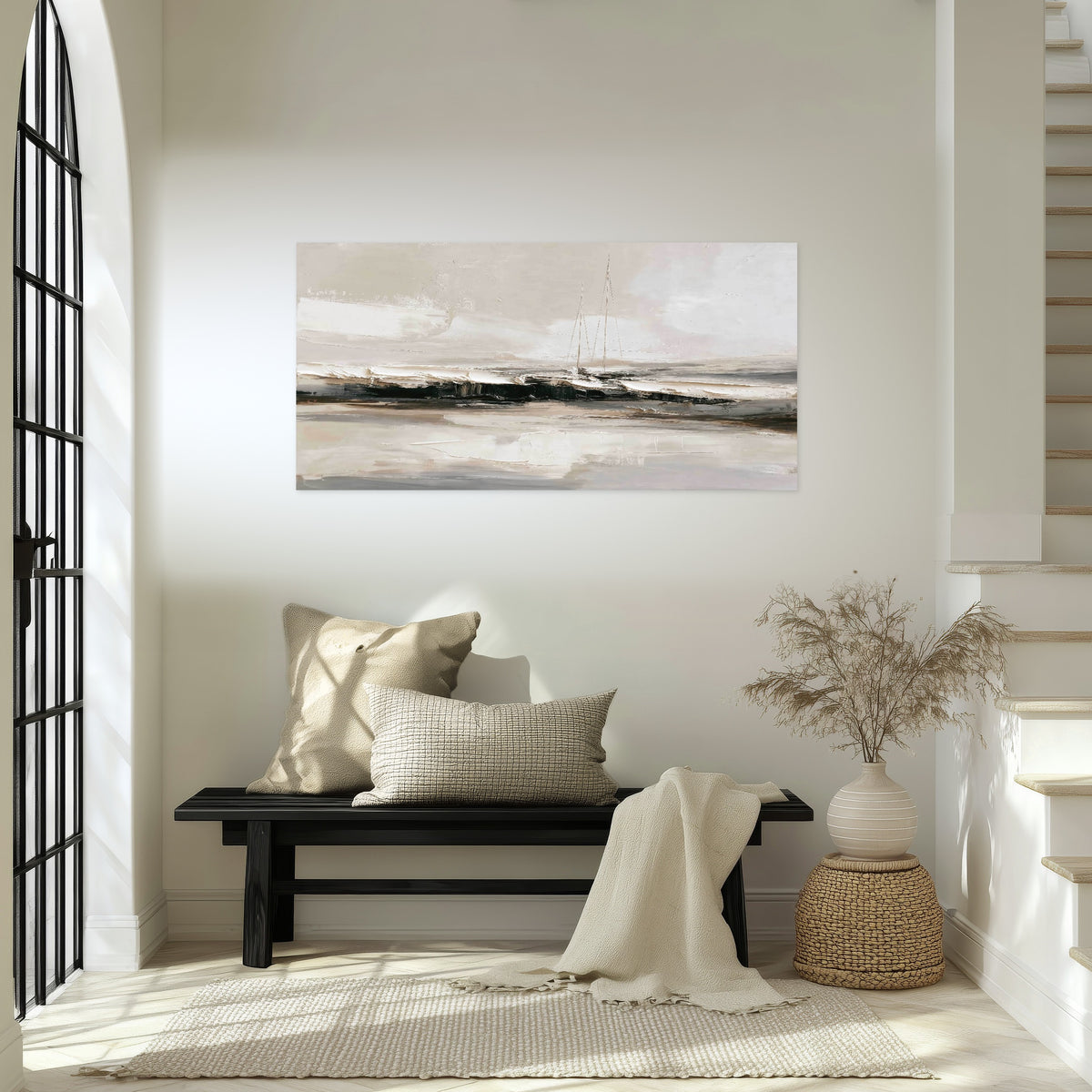 Abstract seascape with sailboats painting poster print in an entryway above a bench
