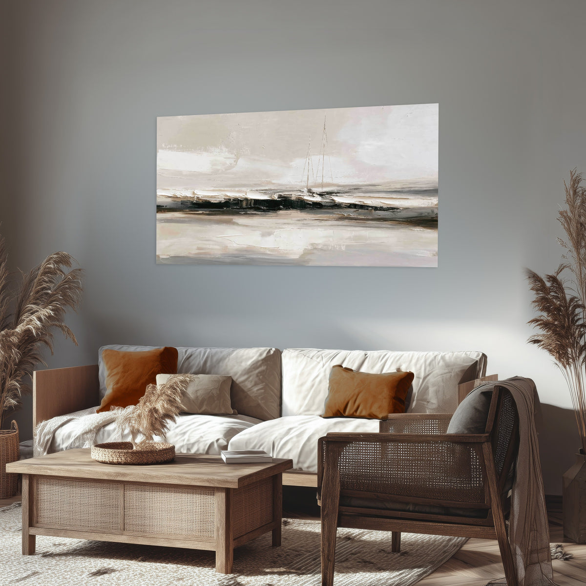 Abstract seascape with sailboats painting poster print in a rustic living room